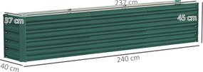 Floreira de horta elevada em aço galvanizado  240 x 40 x 45 cm, com barras de suporte e placas de canto, fundo aberto, verde