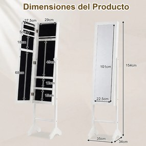 Armário para Joias com Espelho de Corpo Inteiro, 35 x 34 x 154 cm, Armazenamento Organizado, Branco