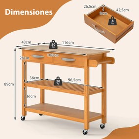 Carrinho de cozinha 116 x 43 x 89 cm com rodas de madeira com 2 gavetas, 2 prateleiras abertas e pega lateral natural