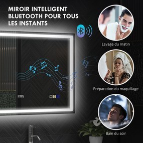 Espelho de casa de banho LED com Bluetooth, 80 x 100 cm, interruptor tátil, luz regulável, 3 cores, antiembaciamento, memória, prateado
