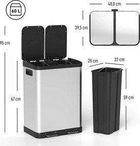 Caixote do lixo de cozinha 48,8 L x 39,5 l x 67 A cm com dois compartimentos de 2 x 30 L, com pedal em aço inoxidável e tampa com fecho suave, pratead