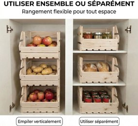 Suporte para cesto de frutas em madeira de abeto com 3 andares removíveis 27 x 37,5 x 60 cm, para frutas e legumes, natural