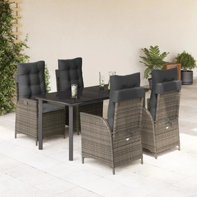 5 pcs conjunto de jantar p/ jardim c/ almofadões vime PE cinza