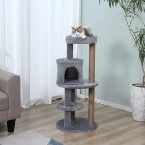 Arranhador para gatos Ø 48 x 104 A cm com vários acessórios: arranhadores, plataformas, compartimentos abertos e bola suspensa cinzento
