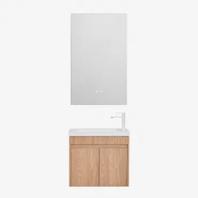 Conjunto De Móvel De Casa De Banho Suspenso Em Madeira Com Lavatório Integrado Narek Castanho Fresno & Retangular Led E Anti-embaciamento 55x90 Cm Rib