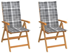 Cadeiras jardim c/ almofadões xadrez cinzento 2 pcs teca maciça