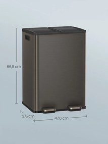 Caixote do lixo de cozinha 47,6 x 37,7 x 66,9 cm com dois compartimentos e tampa de fecho suave em aço cinza ardósia