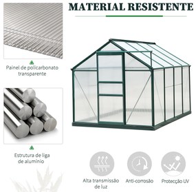 Outsunny Estufa de Jardim 2x2,5m de Policarbonato e Alumínio Estufa com Clarabóia Proteção UV 30 e Base 4,79 m² para Vasos Cultivos de Plantas e Flores Transparente