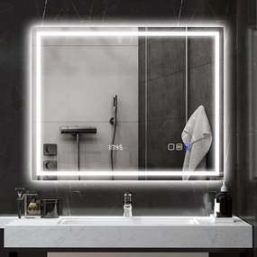 Espelho de casa de banho LED com Bluetooth, 80 x 100 cm, interruptor tátil, luz regulável, 3 cores, antiembaciamento, memória, prateado