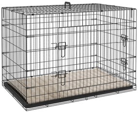 PawHut Jaula Dobrável para Cães com Almofada, Portas, Tabuleiro Amovível e Estrutura Metálica, 106x71,5x76 cm, Preto e Bege | Aosom Portugal