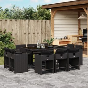 vidaXL 11 pcs conjunto de jantar p/ jardim c/ almofadões vime PE preto
