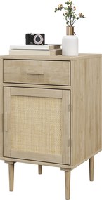 Mesa de cabeceira com armário e prateleira em rattan trançado, 1 gaveta, estilo boémio - 40 x 40 x 68,5 cm, natural