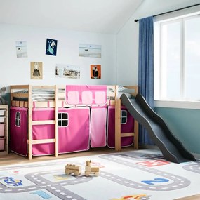 vidaXL Cama alta p/ criança c/ cortinas 80x200 cm pinho maciço rosa