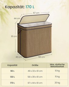 Cesto para roupa suja de 170 litros 67 x 44 x 61 cm em bambu com 3 compartimentos e tampa castanho