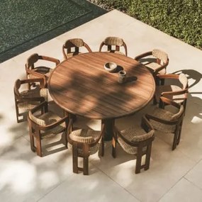 Conjunto De Mesa Redonda Ø180 Cm Em Madeira De Acácia E 10 Cadeiras De Jardim Em Madeira De Acácia E Rattan Sintético Ginara Castanho Acácia - Sklum