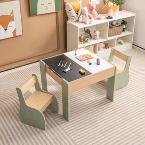 Conjunto de mesa e cadeiras infantil de 3 peças com arrumação e quadro removível para sala de jogos e creche verde