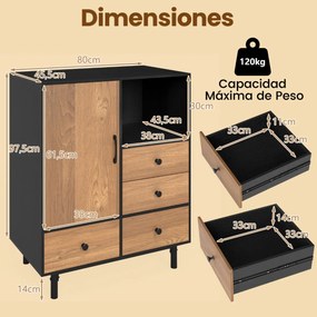 Armário com 4 gavetas e compartimento aberto, com pés de metal 80 x 45,5 x 97,5 cm Preto