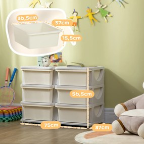 Organizador de Brinquedos com 6 Gavetas para Crianças com Bordas Arredondadas e Pegas 75x37x56,5 cm Creme e Cinza