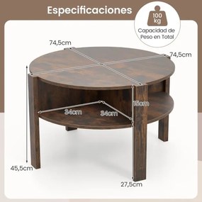 Mesa de centro redonda de 2 níveis com armazenamento de 74,5 cm com 4 prateleiras Castanha