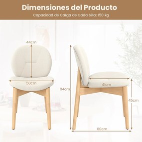 Conjunto de 2 cadeiras de jantar com pernas em madeira, assentos e encostos curvos acolchoados com espuma branca e natural