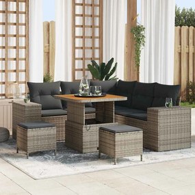 Conjunto de Sofá para Jardim de 8 Peças com Almofadas Cinza Vime Polipropileno Acácia