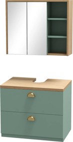 Conjunto de 2 móveis de casa de banho com prateleiras ajustáveis e 2 gavetas (LAVATORIO NÃO INCLUIDO), design escandinavo, verde