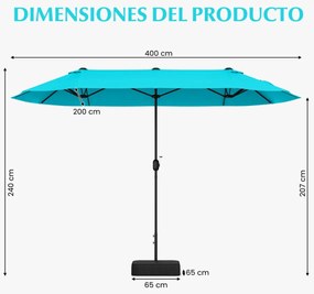Guarda-sol duplo 400x200 cm jardim duplo para exterior com base recarregável, manivela e 12 varas de alta resistência Turquesa