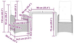 3 pcs conjunto bistrô de jardim c/ almofadões vime PE cinza