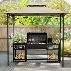 Tenda para churrasco 242 x 150 cm (GRELHADOR NÂO INCLUIDO) com teto duplo, 2 prateleiras, 6 ganchos e Estrutura metálica Bege