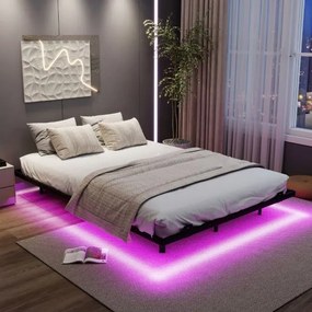 Estrutura de cama flutuante com luzes LED 200 x 140 x 24,5 cm de metal para colchão (COLCHÃO NÃO INCLUIDO) Base de ripas Somier preto