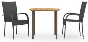 3 pcs conjunto de jantar para jardim vime PE preto