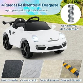 Carro elétrico para crianças de 12 V Porsche licenciado com comando à distância, música, luzes LED, buzina, arranque suave, branco