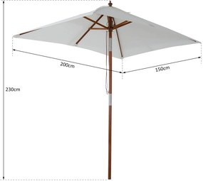 Chapéu de Sol de Jardim 200x150x230cm Chapéu de Sol Retangular Inclinável com Polia Duplo Teto e Mastro Desmontável de Madeira para Terraço Pátio Crem