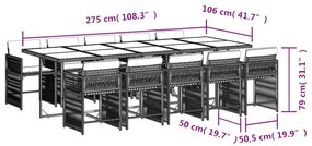 11 pcs conjunto de jantar p/ jardim c/ almofadões vime PE preto