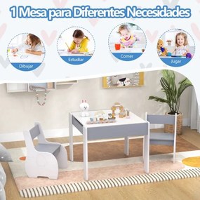 Conjunto de mesa e 2 cadeiras para crianças Mesa de atividades em madeira 4 em 1 para arte, desenho, leitura e quadro removível Cinzento e branco