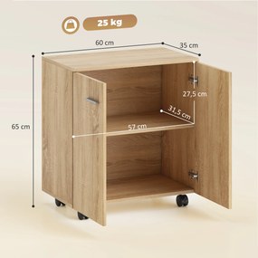 Aparador de Sala com Rodas 2 Portas e Prateleiras para Sala de Estar Quarto Escritório 60x35x65 cm Madeira