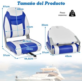 2 Assentos de barco dobráveis com encosto alto Almofada almofadada macia universal moldado macio 44,5 x 51 x 61 cm Azul