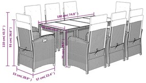 9 pcs conjunto de jantar p/ jardim c/ almofadões vime PE cinza