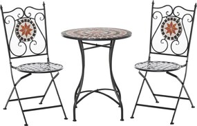 Outsunny Conjunto Bistrô 2 Lugares 3 Peças Ferro Forjado Mosaico de Cerâmica Motivo Rosa Dos Ventos Cadeiras Dobráveis Metal Preto | Aosom Portugal