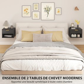 Conjunto de 2 mesas de cabeceira suspensas  40 x 34 x 29 cm, mesas de cabeceira de parede com gaveta e compartimentos abertos, estilo moderno, preto