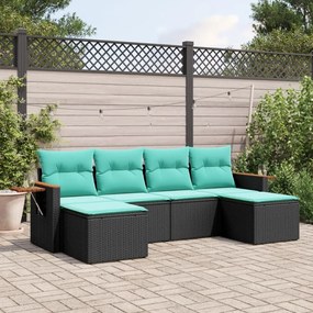 6 pcs conjunto de sofás p/ jardim c/ almofadões vime PE preto