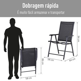 Conjunto de 2 cadeiras dobráveis para exteriores com braços Cadeiras para varanda Jardim Terraço 58x64x94 cm Preto Carga 100kg