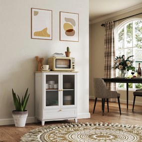 Aparador Sala de Estar com 2 Portas de Vidro Temperado Gaveta e Prateleira Ajustável 68x35x85 cm Branco