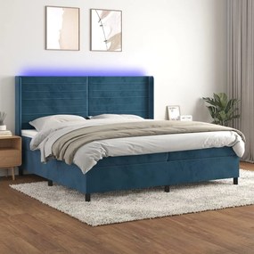 Cama box spring c/ colchão/LED 200x200 cm veludo azul-escuro