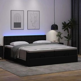 Cama otomana com colchões&amp;LEDs 180x200cm couro artificial preto