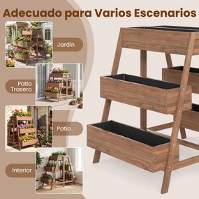 Floreira de jardim elevada de vários níveis em madeira com base de ripas e forro preto para interior e exterior castanho