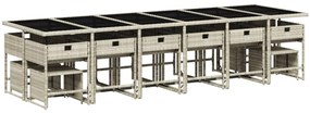 17 pcs conj. jantar jardim c/ almofadões vime PE cinzento-claro