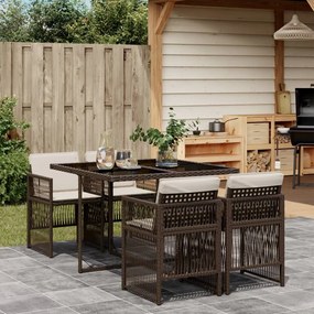 5 pcs conjunto jantar p/ jardim c/ almofadões vime PE castanho