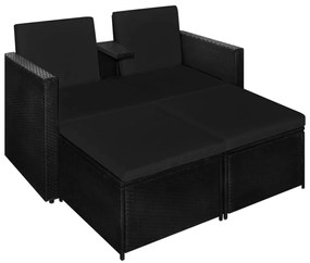 3 pcs conjunto lounge para jardim c/ almofadões vime PE preto