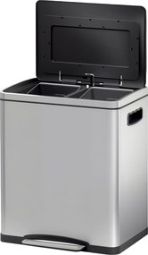 Caixote do lixo de cozinha com 2 compartimentos de 2 x 15 L, com pedal, em aço inoxidável, com tampa de fecho suave prateado